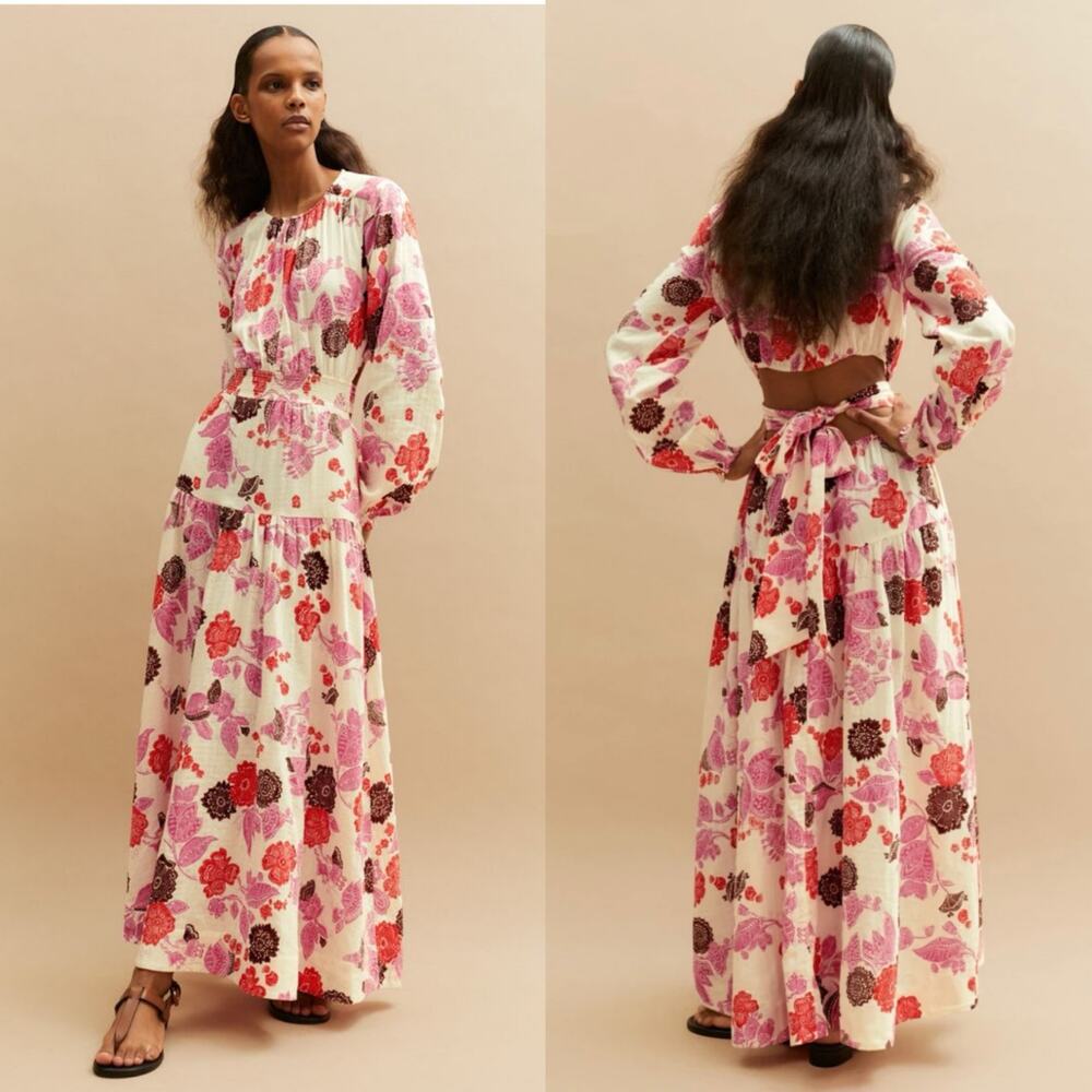 ME+EM Cheesecloth Bali Print Floral Red Pink Cut Out Maxi Long Dress Cotton 2